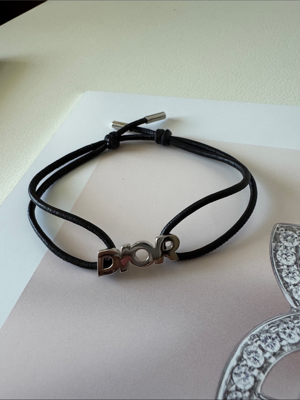 Dior Black Adjustable  Cord Bracelet with Silver Logo